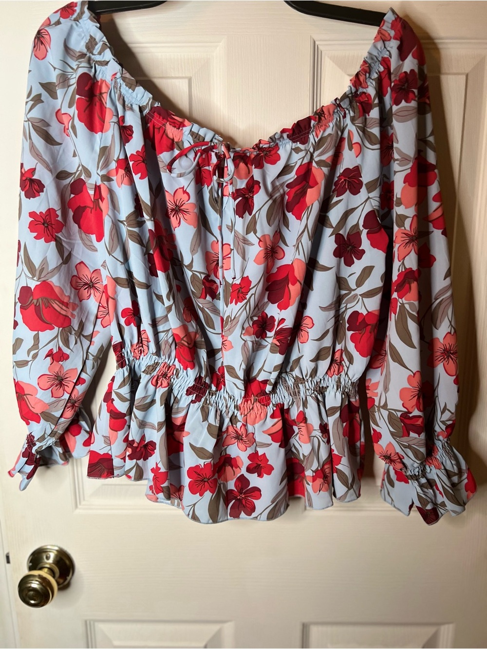 Floral Off-Shoulder Peasant Top - Light Blue with Red Floral